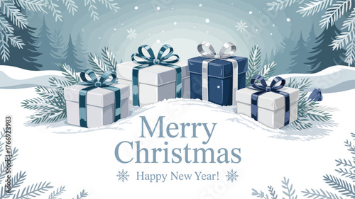 Snowy Christmas and New Year scene with gift boxes, falling snow, and festive trees—perfect for seasonal greetings and winter campaigns 