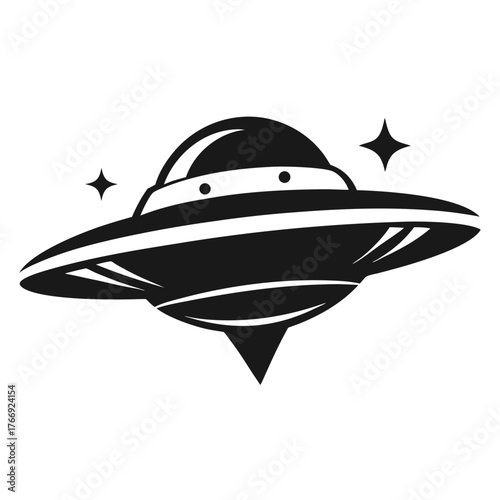 A black and white flying saucer is surrounded by stars in the sky