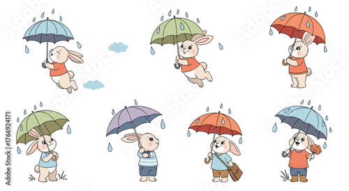 Adorable cartoon bunnies joyfully float and stand with colorful umbrellas in a whimsical rainy day illustration.