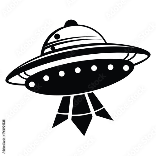 Monochromatic spaceship displays distinctive saucer shape above landing gear in stark composition