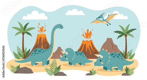 A vibrant prehistoric landscape depicts a friendly long-necked dinosaur, two triceratops, and a pterodactyl, with erupting volcanoes and lush palm trees.