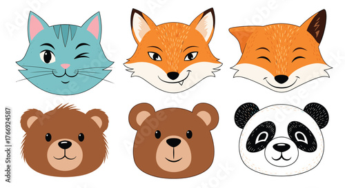 Adorable collection of six cartoon animal faces, including a winking cat, two foxes, two bears, and a panda, on a white background.