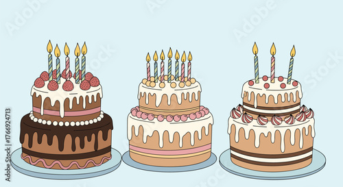 A charming illustration featuring a trio of two-tiered birthday cakes, each beautifully decorated with lit candles and sweet toppings on a pastel background.