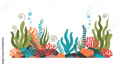 Vibrant underwater scene with a diverse array of green seaweed, colorful coral, and rocks, featuring small blue bubbles ascending.