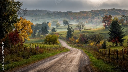 Winding Dirt Road Through Misty Autumn Hills with Vibrant Fall Foliage