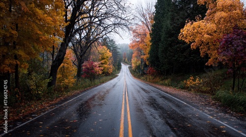 Vibrant Autumn Road Winding Through Colorful Forest on a Misty, Wet Day