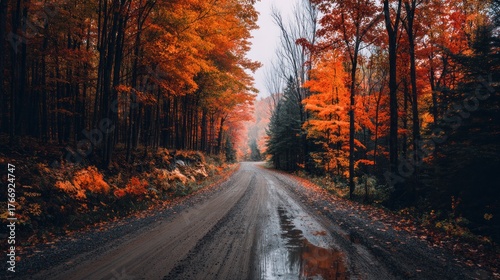 Enchanting Autumn Forest Road with Fiery Orange Leaves, Wet Gravel, and Reflective Puddles