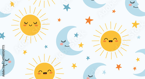 Cute seamless pattern with cartoon suns and sleeping moons surrounded by colorful stars on a white background, perfect for nursery decor or children's designs.