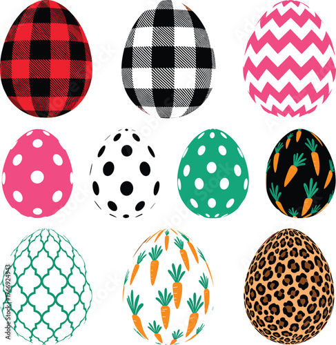 Vector Set of Patterned Easter Eggs: Buffalo Plaid, Polka Dot, Chevron, and Animal Prints Collection