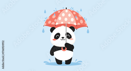 Cute cartoon panda happily holding a red polka-dot umbrella in the gentle rain, with raindrops and puddles.