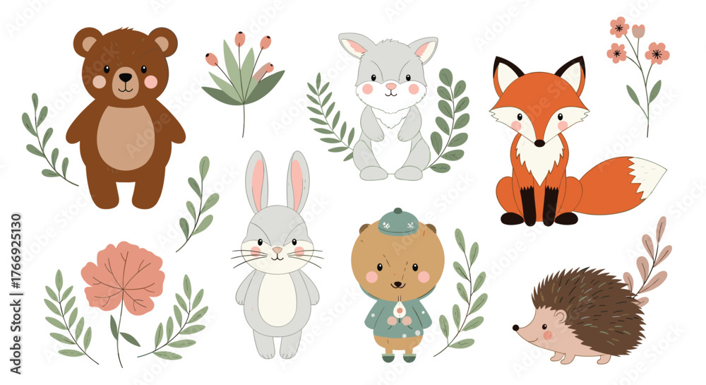 Fototapeta premium Cute cartoon forest animals and nature elements, including bears, rabbits, a fox, and a hedgehog, in a charming illustration set.