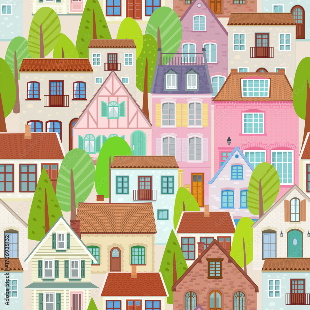 Naklejka premium seamless texture with colorful cozy houses and trees