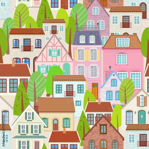 seamless texture with colorful cozy houses and trees