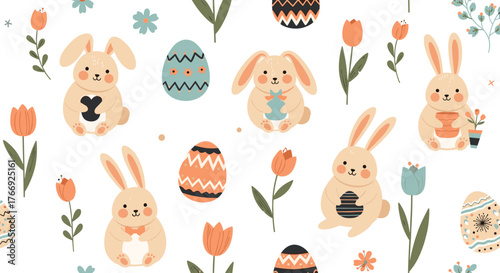 Adorable and colorful seamless Easter pattern featuring cute bunnies, decorated eggs, and spring flowers on a bright white background.