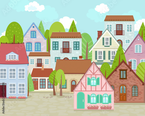 town with colorful cozy houses and trees. cloudy cityscape