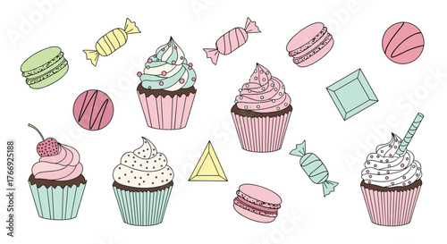 Hand-drawn illustration featuring a delightful array of colorful cupcakes, macarons, and assorted candies in soft pastel hues.