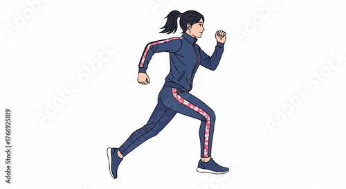A woman in a blue tracksuit with red stripes runs to the right on a white background.