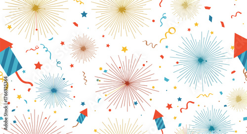 Festive seamless pattern with colorful fireworks, rockets, stars, and confetti on a white background for celebrations.