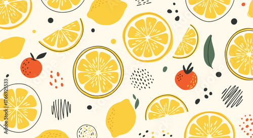 Hand-drawn seamless pattern featuring fresh lemons, lemon slices, and abstract shapes on a light background, perfect for summer designs.