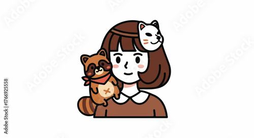 A cartoon woman with brown hair and a brown shirt playfully poses with a raccoon and white cat on her shoulders against a clean white background.