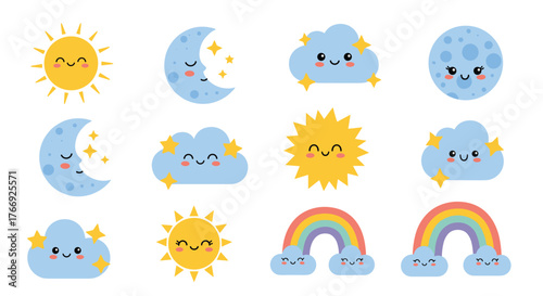 Adorable cartoon suns, moons, clouds, and rainbows with smiling faces, a sweet collection of sky elements.