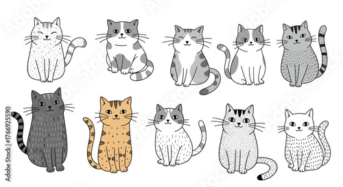 A cute collection of hand-drawn cartoon cats with various patterns and expressions, perfect for pet-themed designs.