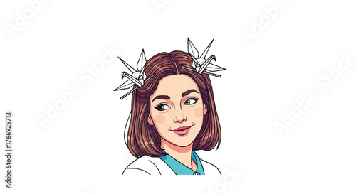 Cartoon-style illustration of a smiling young woman with brown hair and flowers in her hair against a plain white background.
