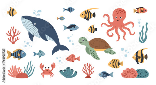 A vibrant collection of cute cartoon ocean animals, including whales, turtles, octopuses, crabs, and colorful fish, with corals and bubbles.
