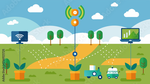 A network of soil sensors throughout a pasture constantly gathers information on nutrient levels allowing farmers to make quick adjustments to fertilizer application.. Vector illustration