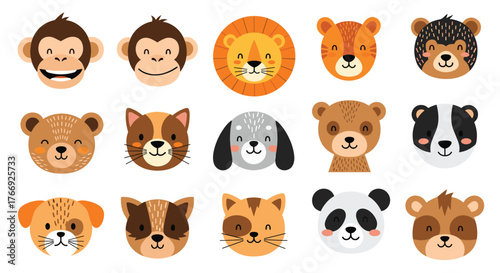 Cute cartoon animal faces collection featuring a variety of adorable safari, forest, and domestic creatures with happy expressions.