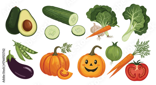A colorful collection of fresh, healthy vegetables: avocado, cucumber, pumpkins, eggplant, peas, carrots, garlic, greens, onion, and tomato.