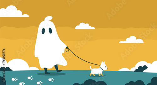 A friendly cartoon ghost walks its tiny white dog on a leash across a whimsical landscape under an orange sky.