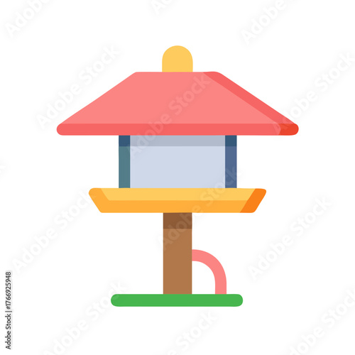 Colorful flat vector icon illustration of a bird feeder on black background