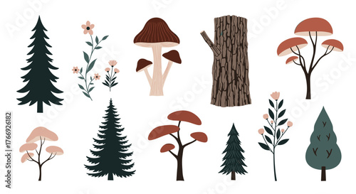 A charming collection of nature illustrations featuring various stylized trees, whimsical mushrooms, and delicate floral branches from a forest.