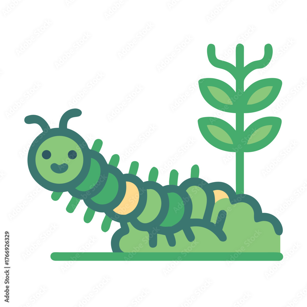 Obraz premium A cheerful green cartoon caterpillar on a leaf with plant isolated on black