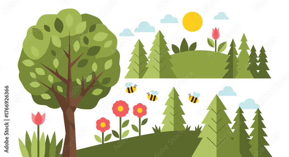 Fototapeta premium Lush and vibrant cartoon illustration of a natural landscape, showcasing green trees, colorful flowers, buzzing bees, and a bright sunny sky.