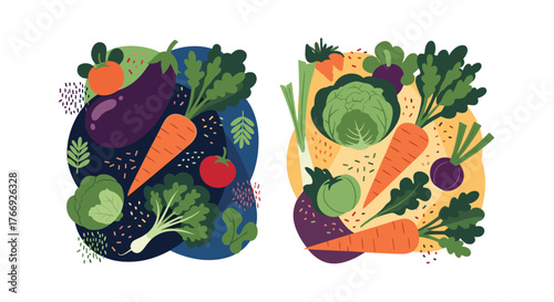 An abundant and colorful illustration of various fresh vegetables like carrots, eggplant, and leafy greens, symbolizing healthy eating and farm-fresh produce.