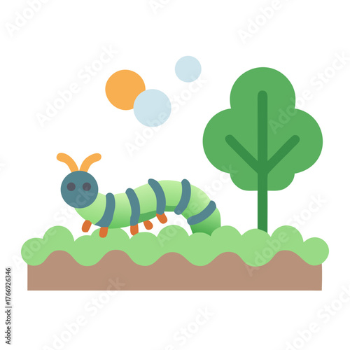 Cartoon caterpillar crawls near tree in garden with sun or moon above
