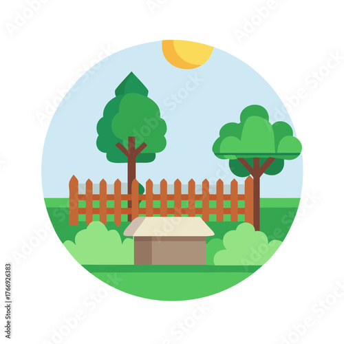 Stylized garden illustration featuring trees, fence, shed and sun on light background
