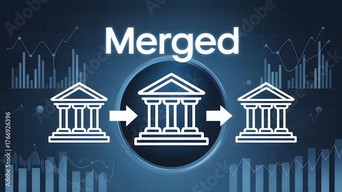 Two financial institutions merging into a new one, a modern representation of corporate acquisition, business partnership, and banking consolidation with digital charts.