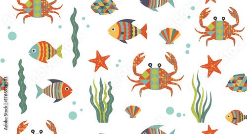 Colorful seamless pattern with geometric marine life, including crabs, fish, starfish, and seaweed on a white background, perfect for children's designs.