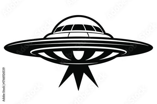 Black UFO hovers while emitting bright light beams in a format