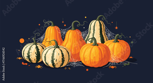An autumnal illustration featuring a variety of pumpkins and gourds, adorned with spiderwebs and tiny spiders, set against a dark background.