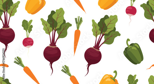 Seamless pattern of fresh, colorful root vegetables and bell peppers on a white background, perfect for healthy food and cooking themes.