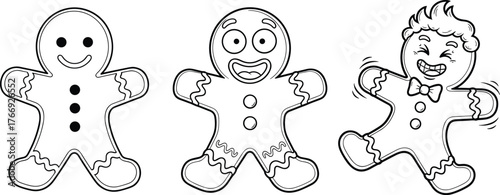 Set of Gingerbread Man Outline Vector Characters: Christmas Cookie Line Art for Coloring and Holiday Design