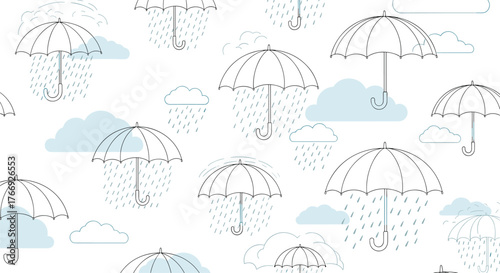 A delicate seamless pattern featuring outlined umbrellas, clouds, and raindrops, with some clouds filled in light blue.