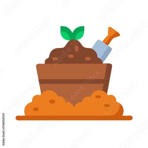 Gardening concept illustration showcasing a flower pot with soil and a shovel