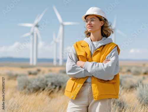 A young woman in a yellow vest and hard hat stands proudly in a field with wind turbines in the background.