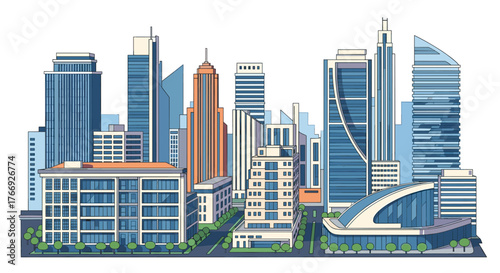An illustrative depiction of a vibrant modern city with tall skyscrapers, residential buildings, and green urban spaces.