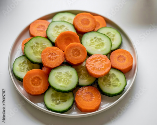 Fresh Carrot and Cucumber Slices on White Plate – Healthy Organic Snack